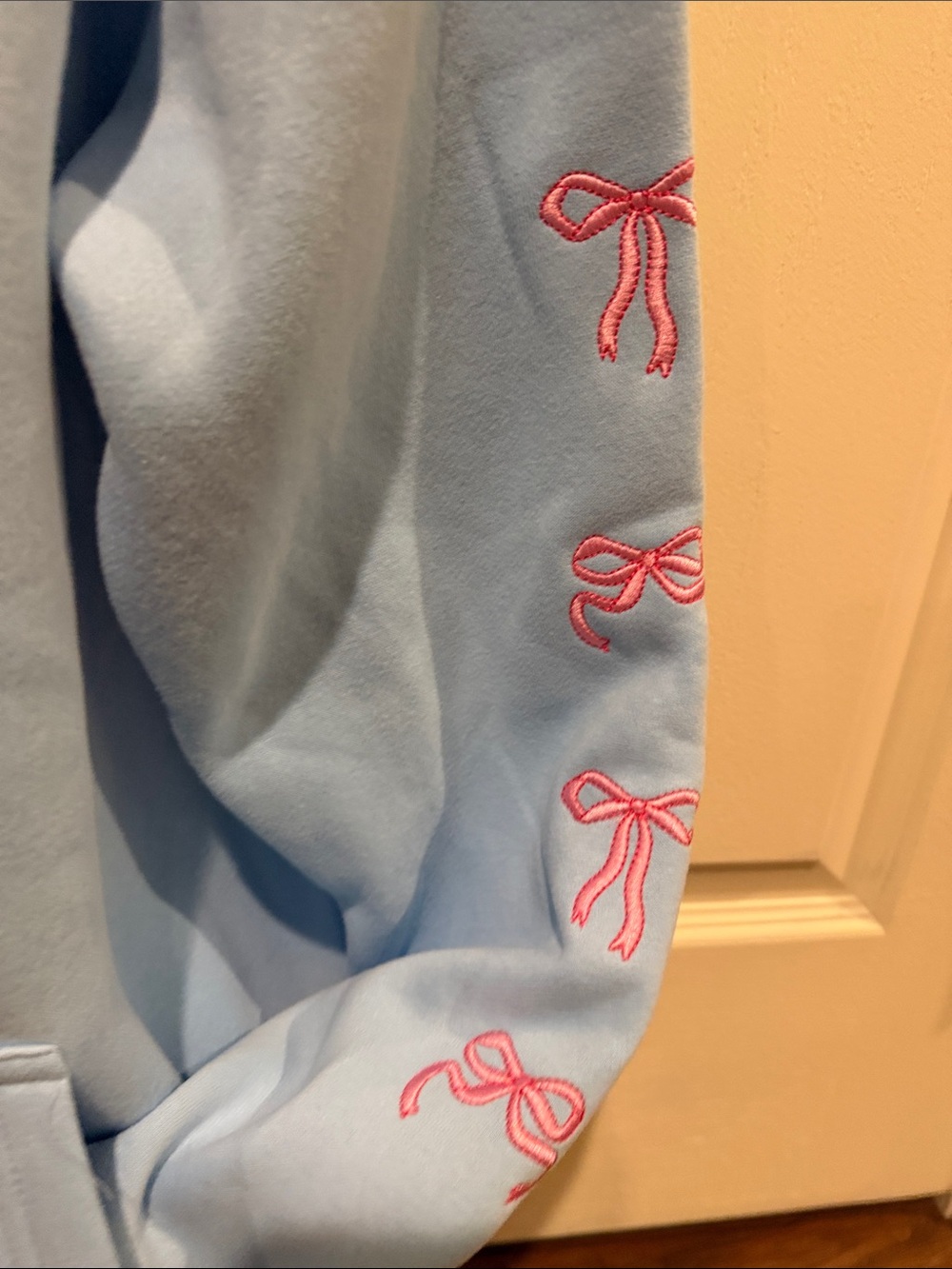 Simply Southern Light Blue Hoodie with Floral Bouquet and Pink Bows - Picture 3 of 6